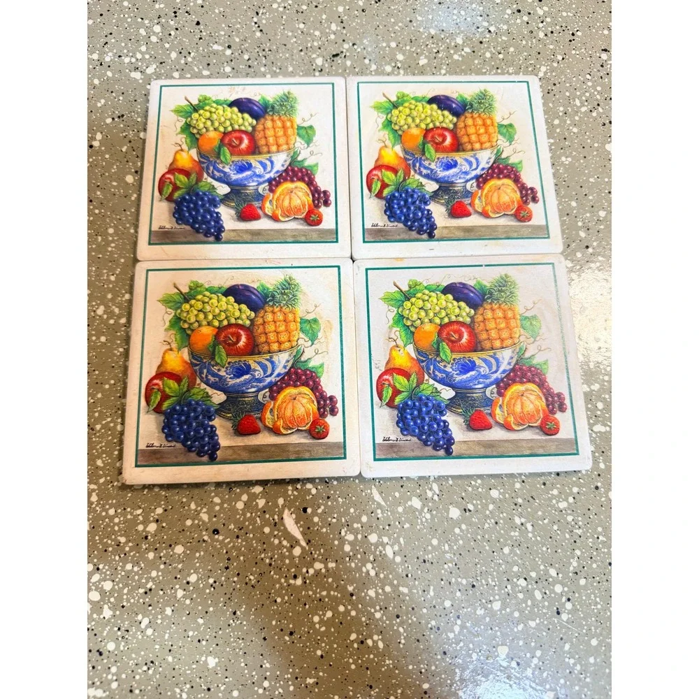 Wilma B Vincent Fruit Bowl Tile Coasters Set 4 Ceramic Kitchen Decor Wood Holder
